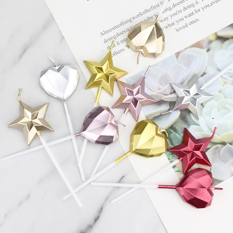 Metallic Diamond Heart Star Cake Decorations with Candles