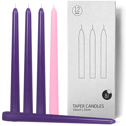 Topsics 12 Pack Advent Taper Candles Christmas Advent Candles Set Taper Candles for Seasonal Celebration - 9 Purple and 3 Pink